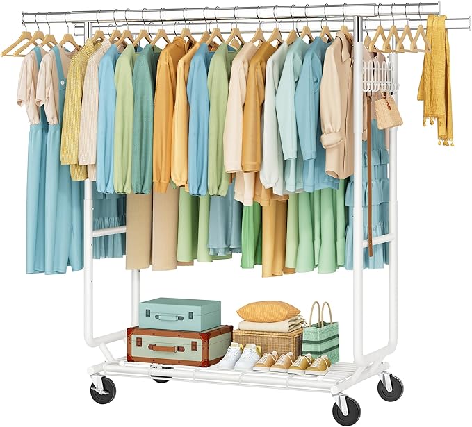 Hoctieon 2-Minute Assembly Double Rod Clothes Rack, Heavy Duty Rolling Clothing Racks with Wheels, Foldable Commercial Garment Rack, Extendable Hanging Bar, Adjustable Metal Pole with Hooks, White by Hoctieon