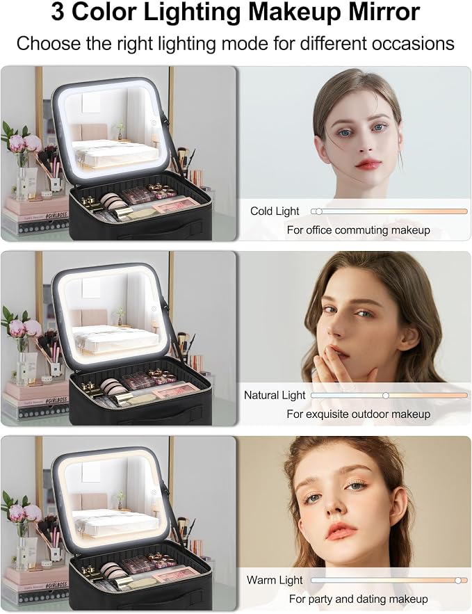 Chomeiu Makeup Bag with LED Mirror, Travel Makeup Case for Women and Makeup Artists Cosmetic Organizer Large Make Up Bags with Light Up Mirror, 3 Color Lights, Adjustable Dividers and Brush Holder - Image 5