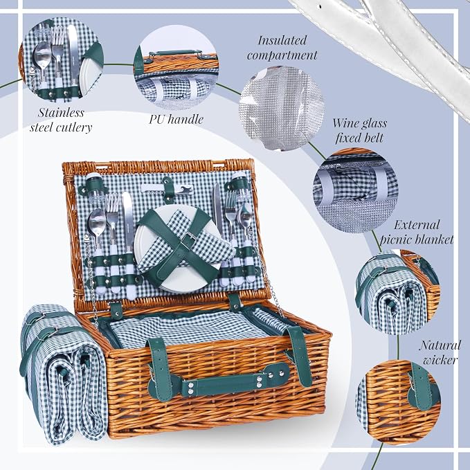 Picnic Basket Set for 4 with Waterproof Blanket Mat Insulation Bag Wicker Green Plaid Classic Cottagecore Gift for Christmas Thanksgiving Wedding Birthday Camp Outdoor Beach Travel - Image 4
