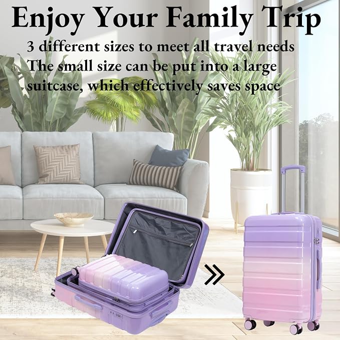3-Piece Luggage Set 20/24/28’’ Hard-shell with 360° Spinner Wheels, Gradient Color Suitcase with Combination Lock, Lightweight PC Material, (Pink + Purple) - Image 4