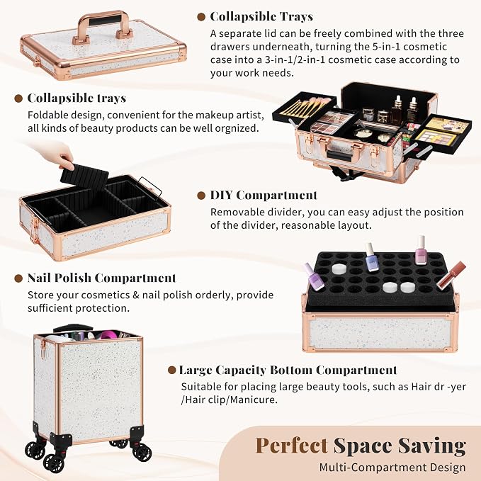 AROUS Rolling Makeup Train Case 5 in 1 Cosmetology Case on Wheels Large Cosmetic Organizer Travel Cart for Hairstylist Artist Nail Beauty Salon Barber,White - Image 5