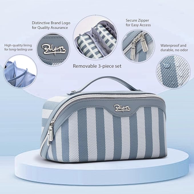 BOYATU Travel Makeup Bag Cosmetic Bag for Women: 3 Pcs Set Striped Make up Bag with Compartments - Waterproof Vegan Leather Toiletry Bags with Handle - Makeup Organizer for Travel Essentials(A-1-Blue) - Image 3