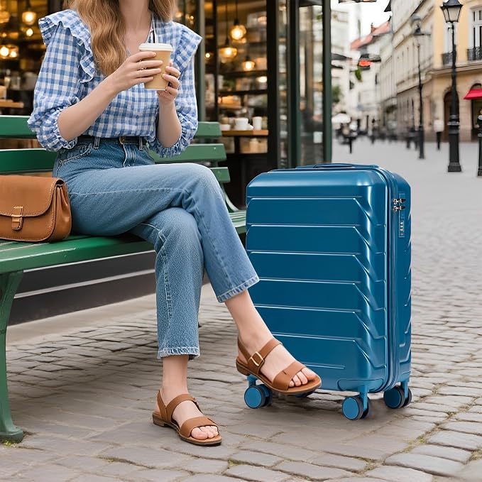 Gradient Color Suitcase 2-Piece Set, 20" Rotating Wheel Suitcase with 14" Cosmetic Case, Lightweight Durable Hardshell Luggage with 360° Spinner Wheels for Travel, Women & Girls (Dark Blue) - Image 8