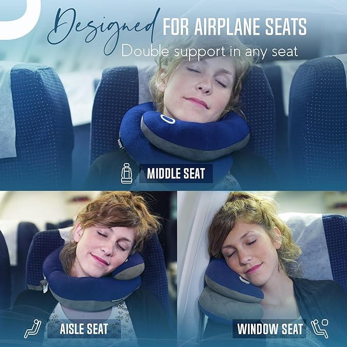 BCOZZY Travel Neck Pillow for Airplane– Patented Double Support for Head, Neck, and Chin. Best for Long Flights, Plane Sleeping, and Car Rides. Adjustable Size. Fully Washable. Carry Bag. Large, Nude - Image 2