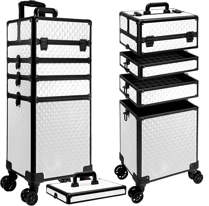 5 in 1 Rolling Makeup Train Case on Wheels Large Cosmetic Organizer Travel Cart for Women Beauty Salon Barber Hairstylist White by Unknown
