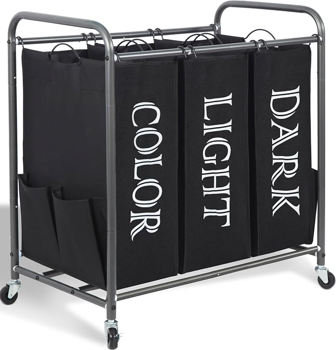 STORAGE MANIAC 3 Section Laundry Sorter, 35.6 Gal (135 L) Laundry Hamper Cart with Heavy Duty Rolling Lockable Wheels and Removable Bags, Clothes Organizer Basket Separator Hamper, Label Black by STORAGEMANIAC