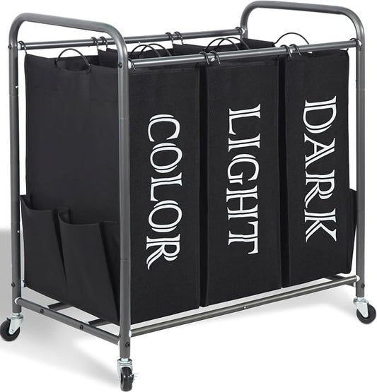 STORAGE MANIAC 3 Section Laundry Sorter, 35.6 Gal (135 L) Laundry Hamper Cart with Heavy Duty Rolling Lockable Wheels and Removable Bags, Clothes Organizer Basket Separator Hamper, Label Black by STORAGEMANIAC