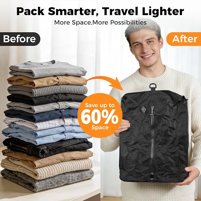 Travel Vacuum Seal Bags with Wireless Rechargeable Pump, 25L Durable Reusable Compression Packing Bags for Carry-On Suitcase & Backpack, IP67 Waterproof Space Saver Kit (2 Pack) - Image 3