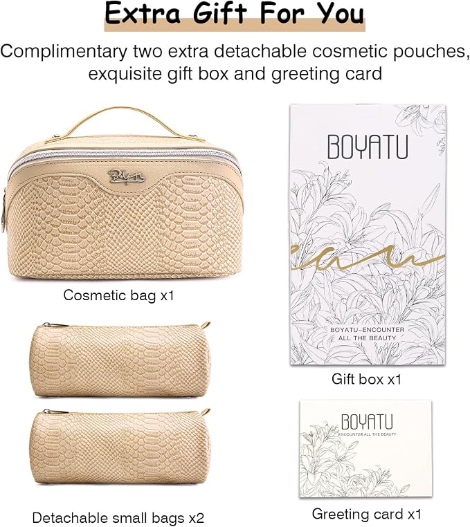 BOYATU Travel Makeup Bags for Women: 3 Pcs Set Wide Open Cosmetic Bag - Portable Make up Bags with Handle - Vegan Leather Toiletry Organizer Bag with Divider (G-04-Beige) - Image 6