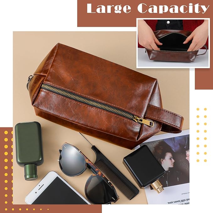 Hillban 6 Pcs Groomsmen Gift Men Travel Toiletry Bag, Bestmen Gifts Set, Leather Toiletry Bag with Side Handle Water Resistant Bathroom Supplies for Wedding Party Favor(Dark Brown) - Image 3