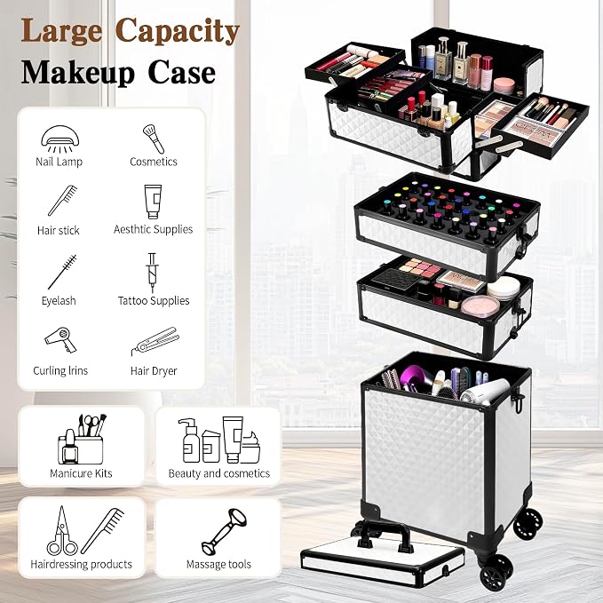 5 in 1 Rolling Makeup Train Case on Wheels Large Cosmetic Organizer Travel Cart for Women Beauty Salon Barber Hairstylist White - Image 2
