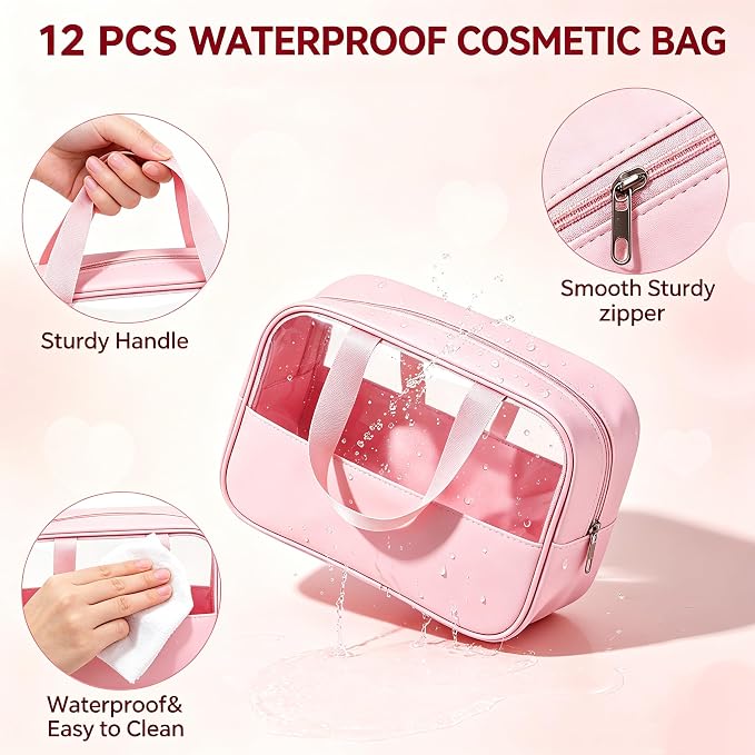 12 Pcs Pink Translucent Make up Bag, Waterproof Toiletry Bags with Handle, Portable Travel Cosmetic Organizer Pouches for Women Girls Travel Daily Use - Image 5