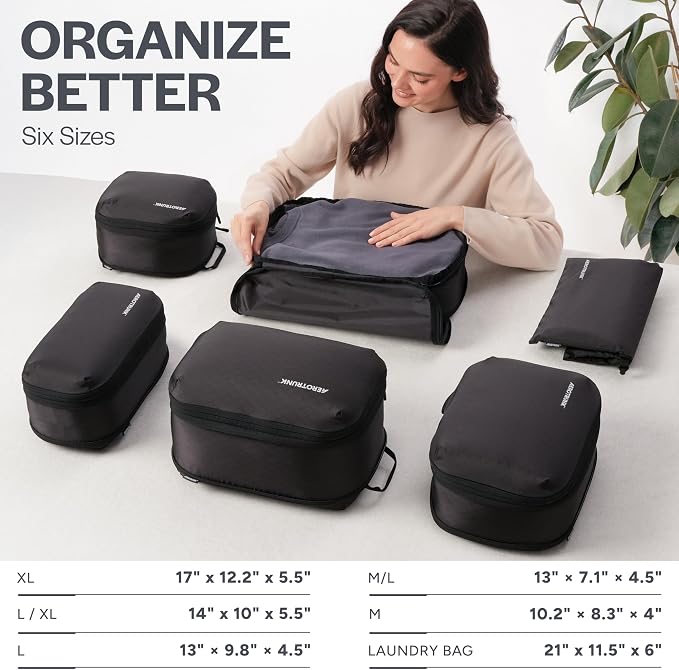 Aerotrunk Ultralight Compression Packing Cubes - Lightweight Travel Organizers for Suitcases and Luggage (6-Pack, Black) - Image 3