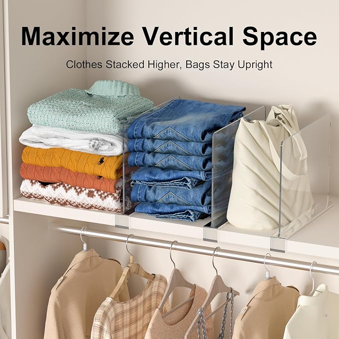 Purse Organizer for Closet Shelf Dividers: 8-Pack Adjustable Clear Acrylic Bag Storage Organizer for Handbags, Sweaters, Towels, Jeans and Shoes on Wood Shelves - Image 4