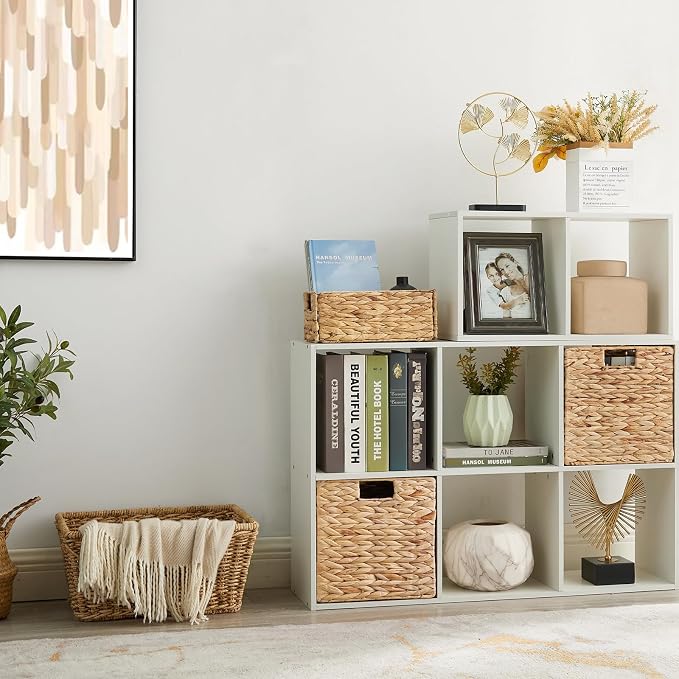 Vagusicc Storage Basket, Set of 2 Hand-woven Water Hyacinth Storage Baskets, Foldable Wicker Storage Basket 9 Inch Cube Storage Bins for Shelves Organizer Square Shelf Baskets, 9''x9''x9'' - Image 2