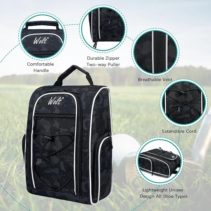 Wolt |Golf Shoe Bag for Travel- Zippered Shoes Carrier Bags with Ventilation & Double Outside Accessory Pocket for Socks, Tees, Golf Balls, Etc. for Women and Men (CamoBlack) - Image 3