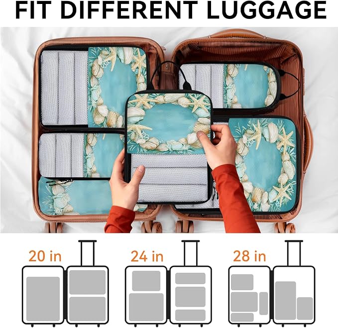 Beach Theme Starfish Shell Compressible Packing Cubes for Suitcase 6 Set Lightweight Expandable Compression Packing Travel Luggage Organizer - Image 7