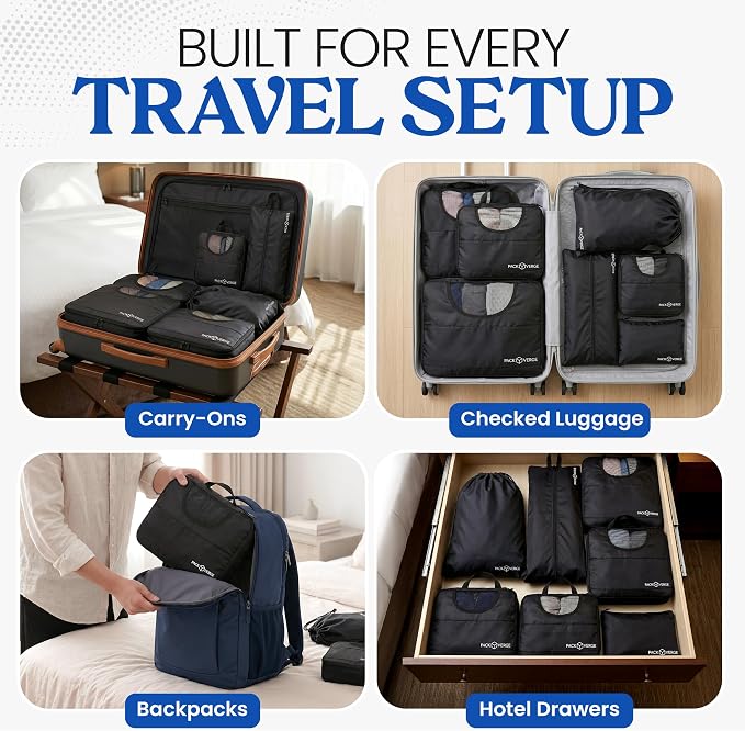 Compression Packing Cubes for Travel - 7 Piece Set - Space Saving Luggage Organizer Bags for Suitcase & Carry On - Water Resistant Travel Accessories - Black - Image 7