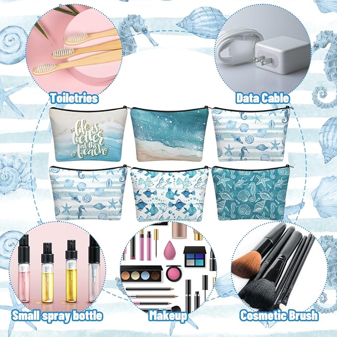 Sweetude 12 Pcs Beach Makeup Bag Bulk Summer Ocean Gifts Portable Travel Cosmetic Bags with Zipper Coastal Sea Starfish Waterproof Roomy Travel Toiletry Organizer Storage Beauty Pouch for Women Gifts - Image 4