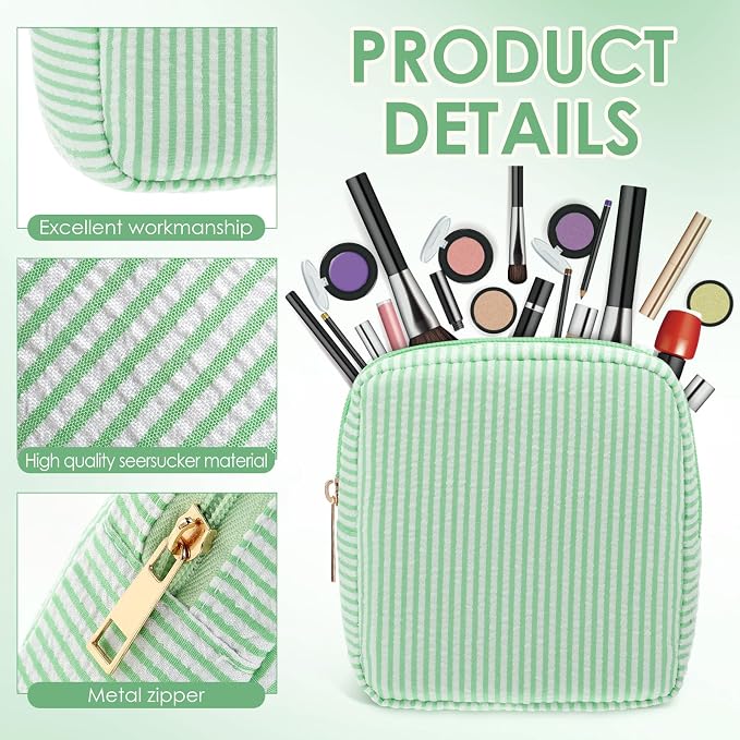 Sanwuta 6 Seersucker Cosmetic Bag Bulk Striped Makeup Bag for Women Aesthetic Cute Travel Toiletry Organizer Preppy Storage Pouch for Wedding Bridesmaid Mother's Day Teacher Gift (Small,Green) - Image 3