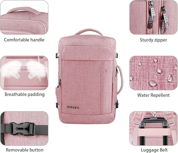 Gieury Carry On Backpack, 55L Extra Large Travel Backpack for Men & Women, Expandable Big Capacity For Airplanes, Travel Gifts for Men Women, Fits 18.4 Inch Laptop, Luggage Suitcase Daypack Bag, Pink - Image 3