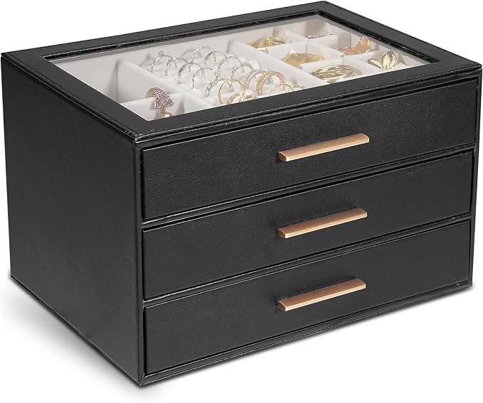 GUOER Jewelry Box for Women, Glass Lid Jewelry Organizer with 3 Drawers PU Jewelry Storage Case for Necklaces Rings Earrings Bracelets, Black by GUOER