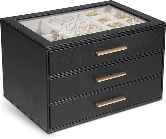 GUOER Jewelry Box for Women, Glass Lid Jewelry Organizer with 3 Drawers PU Jewelry Storage Case for Necklaces Rings Earrings Bracelets, Black by GUOER