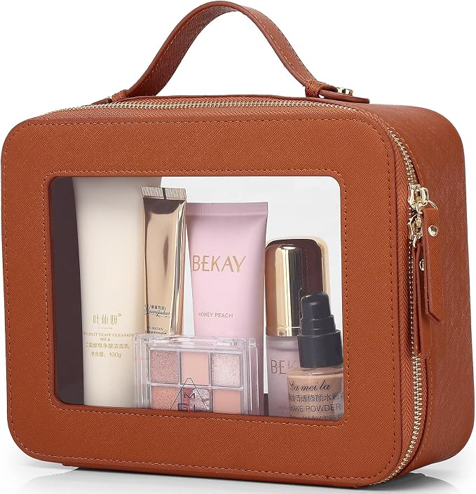 Pinkmik Clear Makeup Bag Waterproof Travel Case for Cosmetics and Toiletries Women's Makeup Organizer and Car Bag with Zipper (X/Brown, L) by Pinkmik
