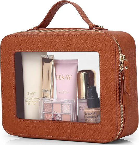 Pinkmik Clear Makeup Bag Waterproof Travel Case for Cosmetics and Toiletries Women's Makeup Organizer and Car Bag with Zipper (X/Brown, L) by Pinkmik