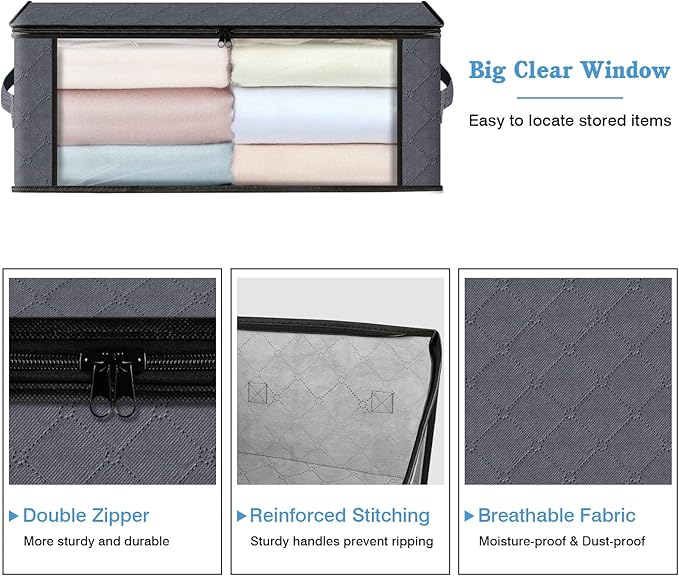 HomeHacks Storage 3-Pack Clothes Organizer Storage Bags Foldable Storage Box with Large Clear Window Sturdy Handles for Closet, Dorm, Pillows, Bedding, Clothes, Blankets, 35L, Gray - Image 3