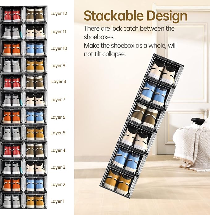 Amllas 10 Pack Shoe Boxes Stackable,Upgraded Sturdy Storage Boxes with Clear Magnetic Door,Multifunctional Sneaker Organizer Fit up to US Size 12 (13.8”x 9.84”x 7.1”) - Image 5