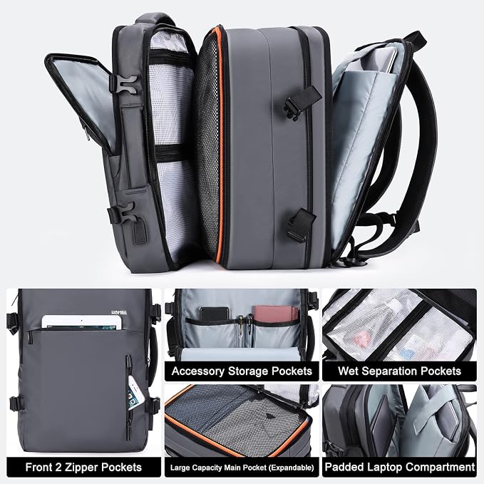 HOMIEE 40L Expandable Carry on Backpack Fit 15.6 Inch Laptop for Travel | USB Charging Port TSA Approved Personal Item Backpack Waterproof Luggage Suitcase for Business Weekender - Image 3