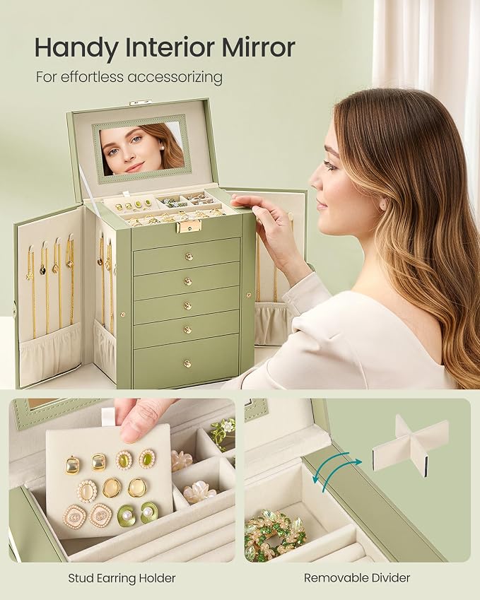 SONGMICS Jewelry Box Organizer, 6-Layer with 5 Drawers, Sage Green | Jewelry Storage Case with Lock and Mirror, Large Storage Capacity, for Necklaces, Watches, Gift for Loved Ones UJBC152CE01S - Image 5