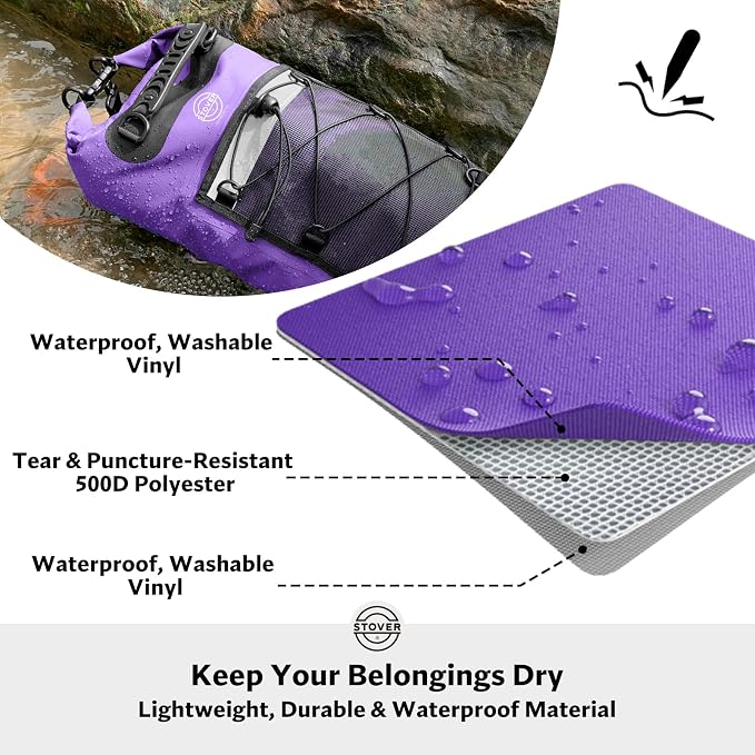 STOVER 5/10/25/30/40L Waterproof Dry Backpack & Phone Case- Large Floating Dry Bag for Kayaking, Travel, Hiking, Fishing, Camping, Motorcycles & Beach, Heavy-Duty Roll Top Men/Women (Purple) - Image 2