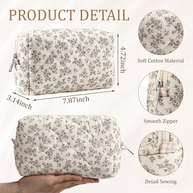 Paterr 10 Pcs Quilted Makeup Bag Bulk Cotton Floral Cosmetic Bag Women Girls Bridesmaid Gifts Cute Makeup Pouch Coquette Aesthetic Travel Toiletry Organizer (Pastel Floral,7.87 x 4.72 x 3.15 Inches) - Image 2