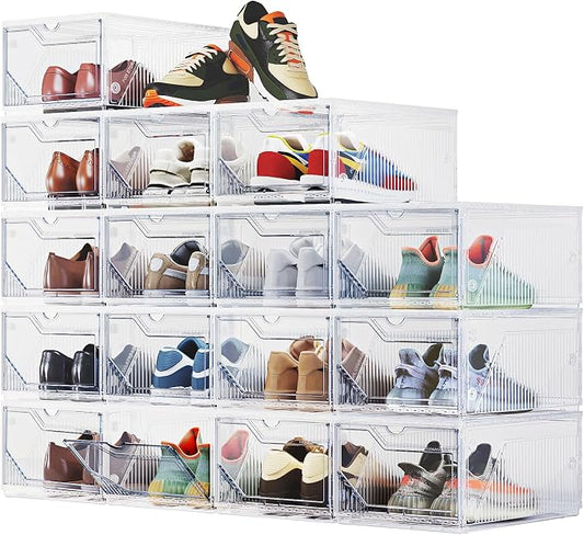 XX-Large Shoe Sneaker Storage Boxes for Size 14, Stackable & Thicken Clear Plastic Shoe Organizers 16 Packs for Entryway Closet Under Bed, Shoe Storage Cabinets Container Display Case w/ Magnetic Door by BROVIEW-EnjoytheArtofLife