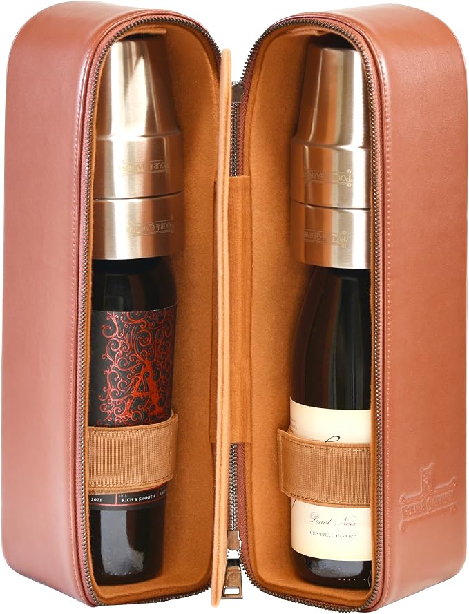 POUR & GARNISH Bourbon, Whiskey & Wine Double Bottle Travel Bag – Vegan Leather Spirits Carrier with 4 Stainless Steel Insulated Glasses & Gift Pouch – Luxury Barware Gift - Image 4