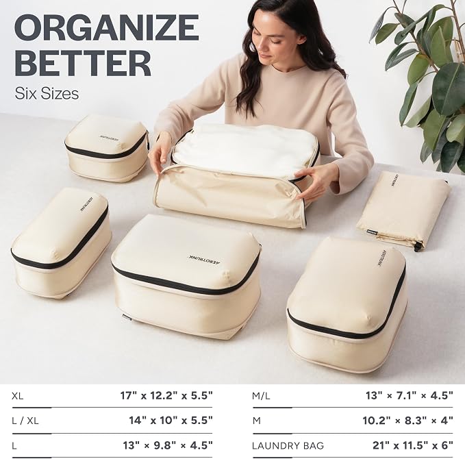Aerotrunk Ultralight Compression Packing Cubes - Lightweight Travel Organizers for Suitcases and Luggage (6-Pack, Beige) - Image 3