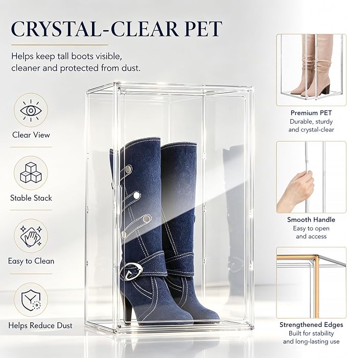 23.6'' Tall Boot & Shoe Boxes, Clear Dustproof Acrylic Display Case | 13.8'' x 12.2'' x 23.6'' tall display case for boots, upright handbags, dolls, figures and display storage,1 Pack - Image 4