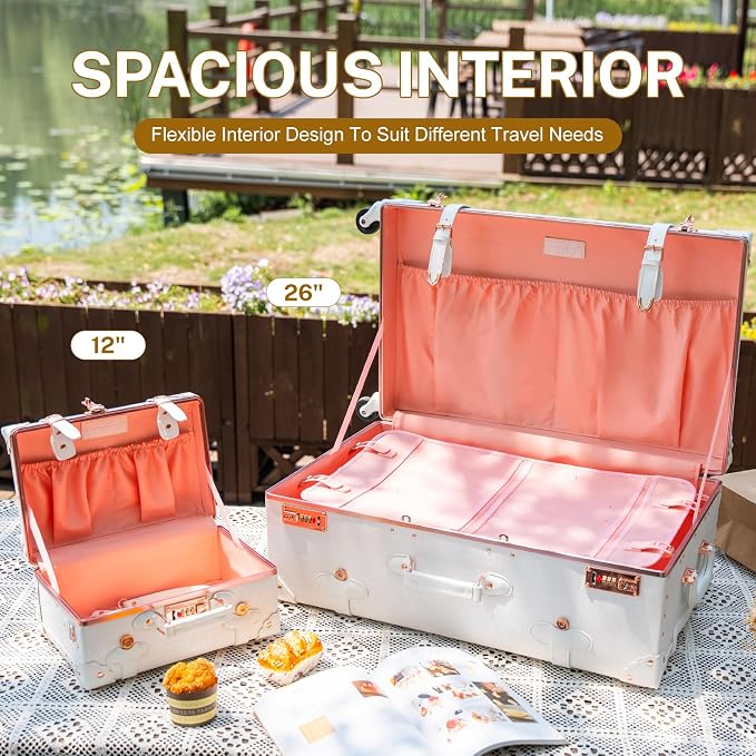 urecity 26" Vintage Luggage Set, 2 Piece Rose White Retro Checked Suitcase with Cosmetic Case, Luxury Vegan Leather Aluminum Frame Spinner Trunk for Women (with Protective Clear Cover) - Image 2