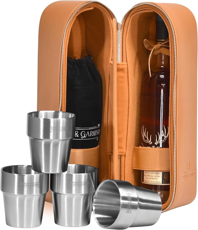 POUR & GARNISH Bourbon Whiskey & Wine Double Bottle Travel Bag with 4 Stainless Steel Double-Walled Vacuum Insulated Glasses - Makes a Great Gift! - Image 6
