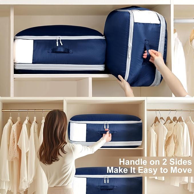 Comforter Storage Bag - Large Capacity Blanket Storage Bags 3-Layer Ultra Space Saving Self Compression Organizer, Washable Compression Bags for Storage Comforter Blanket, 2-Pack, Navy Blue - Image 5