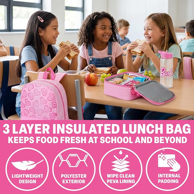 Get Trend Barbie Kids Backpack 4 Piece Set | 18 inch Bookbag, Insulated Lunch Bag, Zipped Pencil Case & BPA-Free Water Bottle for School & Travel, Gifts for Girls - Image 4