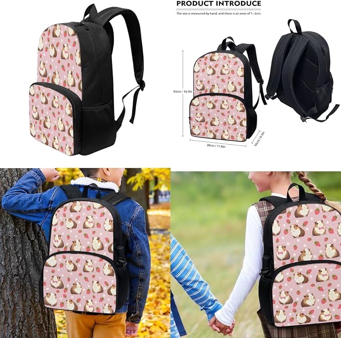 Guinea Pig Backpack for School Girl's Backpacks Set Kids Schoolbag for Girl with Lunch Bag and Pencil Case 3 in 1 Rucksack 17 Inch Casual Daypack Strawberry School Bag - Image 3