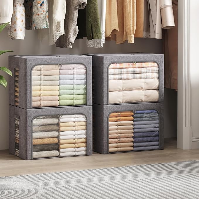 Lifewit Clothes Storage Bins with Metal Frame, Stackable Storage Box, Foldable Clothing Storage Bins with Lids, 100L Storage Bags Fabric Box Organizer with Clear Window＆ Zippers＆ Sturdy Handles 4 Pack - Image 9