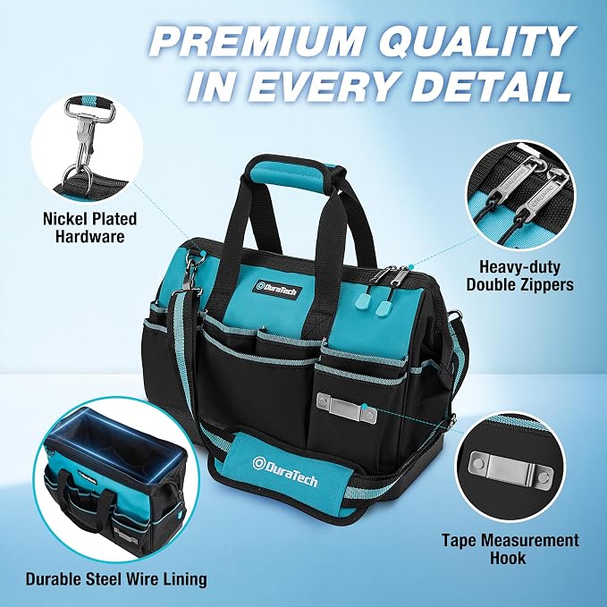 DURATECH 16" Heavy Duty Tool Bag with Hard Bottom and 18 Pockets | Waterproof Tool Bag, Hard Bottom Base, Wide Open Mouth, Multiple Pocket Storage, Professional Tool Organization - Image 6