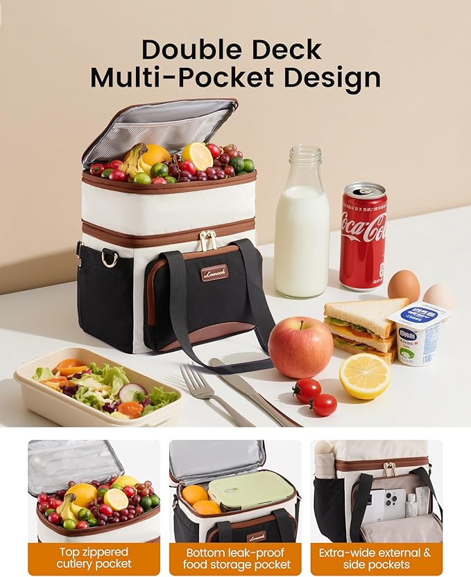 LOVEVOOK Insulated Lunch Bag For Women,Large Double Deck Adult Lunch Box,Teacher Lunch Tote Bag With Cup Holder,Leakproof Cooler Bag With Adjustable Shoulder Strap For Work Picnic Beach,Larger 15L - Image 4