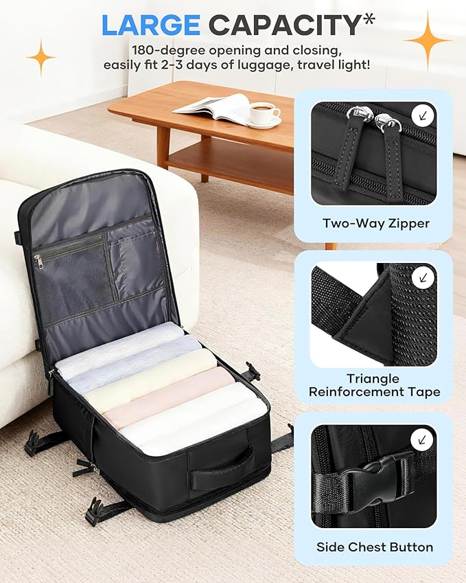 coofay Black Travel Backpack Carry on Flight Approved Mochila De Viaje Personal Item Backpack for Airlines Frontier Airlines Personal Item Bag Large Backpack for Travel Backpacks for Men Women - Image 5