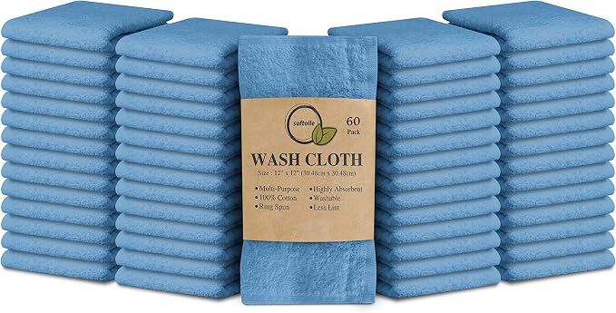 100% Cotton Washcloths 60 Pack (12x12 Inches) Soft, Highly Absorbent Washcloth, Face Towels, Wash Cloths for Face, Ring Spun, Bulk Pack (Electric Blue) by Softolle