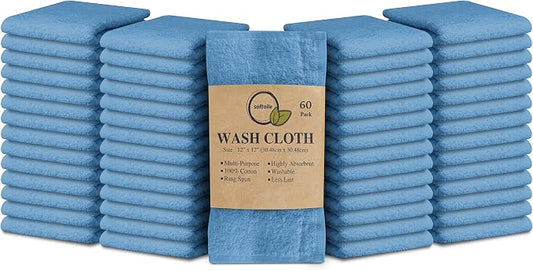 100% Cotton Washcloths 60 Pack (12x12 Inches) Soft, Highly Absorbent Washcloth, Face Towels, Wash Cloths for Face, Ring Spun, Bulk Pack (Electric Blue) by Softolle